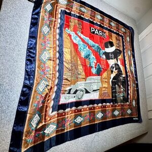 J Mico Sancho Burnout Art Deco Scarf Paris Landmarks Navy Blue Red Retro Chic